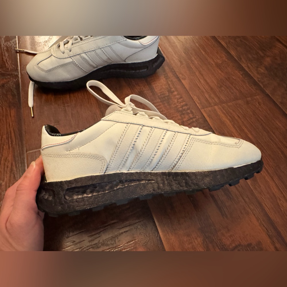 adidas White Leather Low-Top Sneakers with Black Midsole - Picture 6 of 11